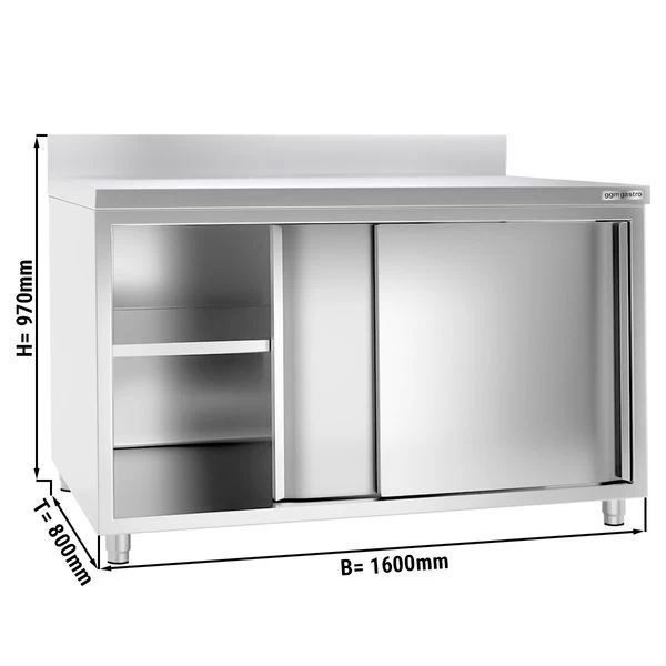 Edelstahl Arbeitsschrank PREMIUM - 1600x800mm - Mit Schiebetür & Aufkantung 1 Edelstahl Arbeitsschrank PREMIUM - 1600x800mm - Mit Schiebetür & Aufkantung