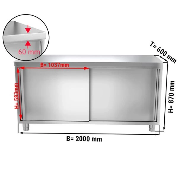 Edelstahl Arbeitsschrank PREMIUM - 2000x600mm - Mit Schiebetür Ohne Aufkantung 3 Edelstahl Arbeitsschrank PREMIUM - 2000x600mm - Mit Schiebetür Ohne Aufkantung – Bild 3