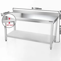 Edelstahl Arbeitstisch PREMIUM - 1500x800mm - Mit Grundboden & Aufkantung