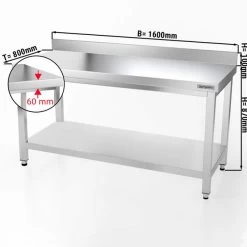 Edelstahl Arbeitstisch PREMIUM - 1600x800mm - Mit Grundboden & Aufkantung