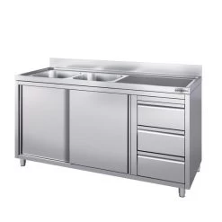 Spülschrank Mit 3 Schubladen - 2000x700mm - 2 Becken Links - Mit Aufkantung & Schiebetüren -Küchen Verkauf SSIE207BL2 SS3IE467 1 0ae1 1