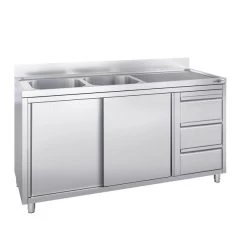 Spülschrank Mit 3 Schubladen - 2000x700mm - 2 Becken Links - Mit Aufkantung & Schiebetüren -Küchen Verkauf SSIE207BL2 SS3IE467 3 b4ad 1