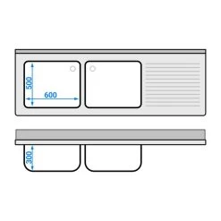 Spültisch PREMIUM - 2000x700mm - Mit Grundboden & 2 Becken Links -Küchen Verkauf STK207BL2 drawing 8d10