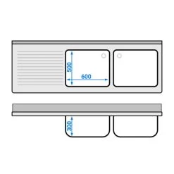 Spültisch PREMIUM - 2000x700mm - Mit Grundboden & 2 Becken Rechts -Küchen Verkauf STK207BR2 drawing d631