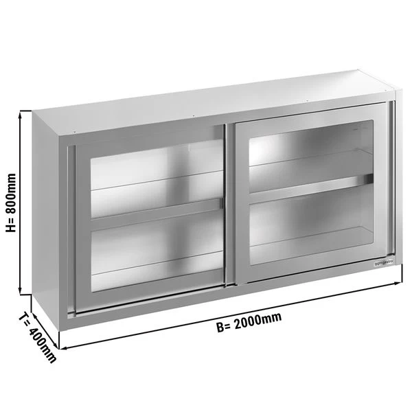 Edelstahl Wandhängeschrank - 2000x400mm - Mit Glasschiebetür - 800mm Hoch 1 Edelstahl Wandhängeschrank - 2000x400mm - Mit Glasschiebetür - 800mm Hoch