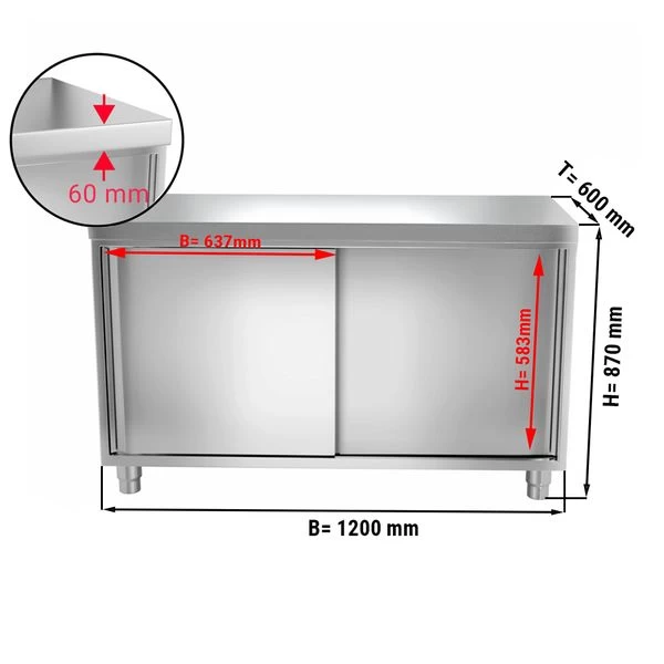 Edelstahl Arbeitsschrank PREMIUM - 1200x600mm - Mit Schiebetür Ohne Aufkantung 3 Edelstahl Arbeitsschrank PREMIUM - 1200x600mm - Mit Schiebetür Ohne Aufkantung – Bild 3