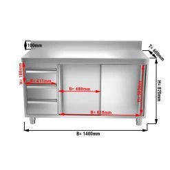 Edelstahl Arbeitsschrank PREMIUM - 1400x600mm - Mit 3 Schubladen Links & Aufkantung