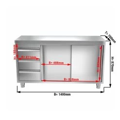 Edelstahl Arbeitsschrank PREMIUM - 1400x700mm - Mit 3 Schubladen Links Ohne Aufkantung