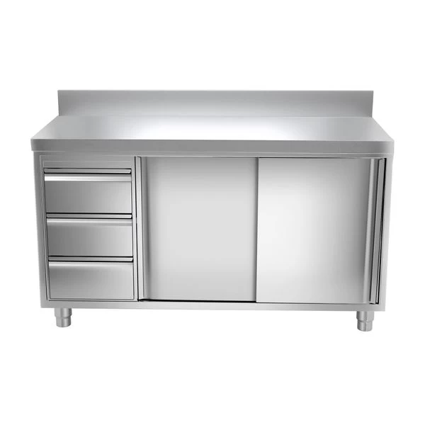 Edelstahl Arbeitsschrank PREMIUM - 1400x600mm - Mit 3 Schubladen Links & Aufkantung 2 Edelstahl Arbeitsschrank PREMIUM - 1400x600mm - Mit 3 Schubladen Links & Aufkantung – Bild 2