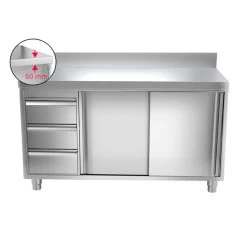 Edelstahl Arbeitsschrank PREMIUM - 1400x600mm - Mit 3 Schubladen Links & Aufkantung -Küchen Verkauf ask147a l icon 3458