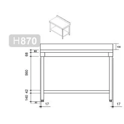 Edelstahl Arbeitstisch PREMIUM - 1600x700mm - Mit Grundboden & Aufkantung -Küchen Verkauf stainless steel worktable drawing 1 2ac1 1