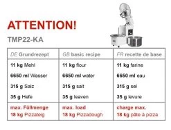 Teigknetmaschine - 22 Liter / 18 Kg - 2 Geschwindigkeiten -Kessel Abnehmbar Und Rührwerk Aufklappbar -Küchen Verkauf tmp22 ka 4334