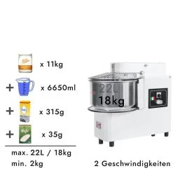 Teigknetmaschine - 22 Liter / 18 Kg - 2 Geschwindigkeiten -Kessel Abnehmbar Und Rührwerk Aufklappbar