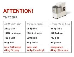 Teigknetmaschine - 53 Liter / 44 Kg - 1 Geschwindigkeit - Kessel Abnehmbar Und Rührwerk Aufklappbar -Küchen Verkauf tmp53kr d31d